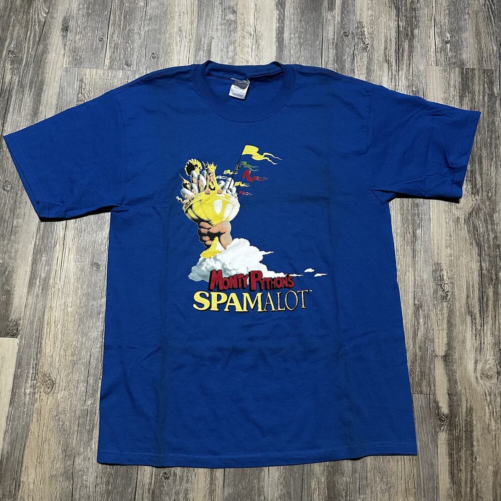 Spamalot Monty Python Mens Large Blue Broadway Musical Comedy Graphic Tee
